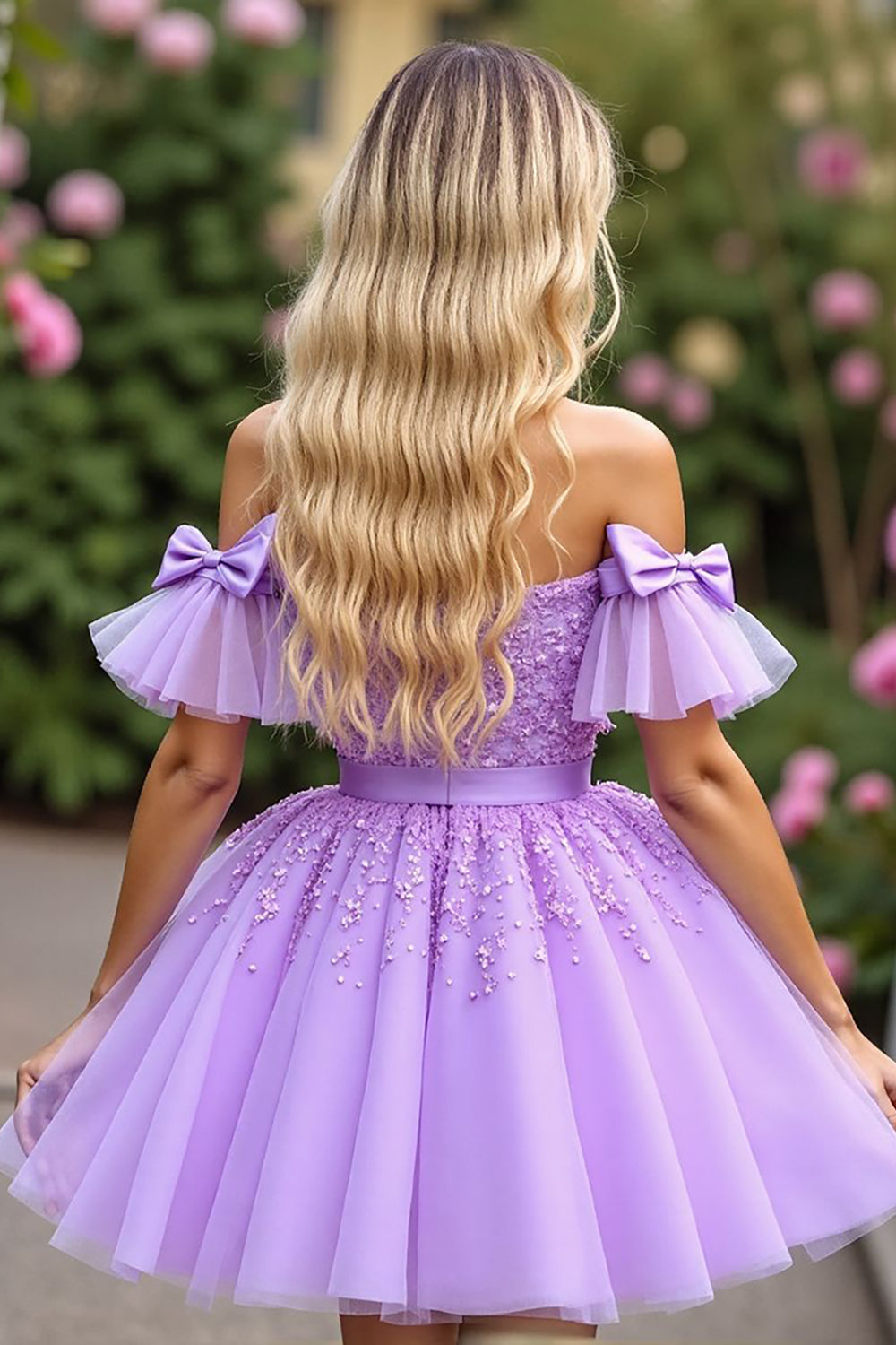 Lavender Tulle Ruffled Short Sleeves Corset Short Homecoming Dress with Appliques
