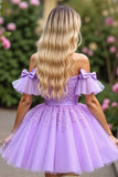 Lavender Tulle Ruffled Short Sleeves Corset Short Homecoming Dress with Appliques