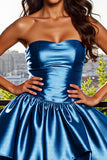 Satin Strapless A Line Blue Short Homecoming Dress