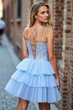 Sky Blue Tiered Corset Short Homecoming Dress with Appliques