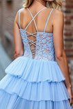 Sky Blue Tiered Corset Short Homecoming Dress with Appliques