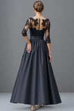 Navy A Line Satin Mother Of The Bride Dress With Appliques