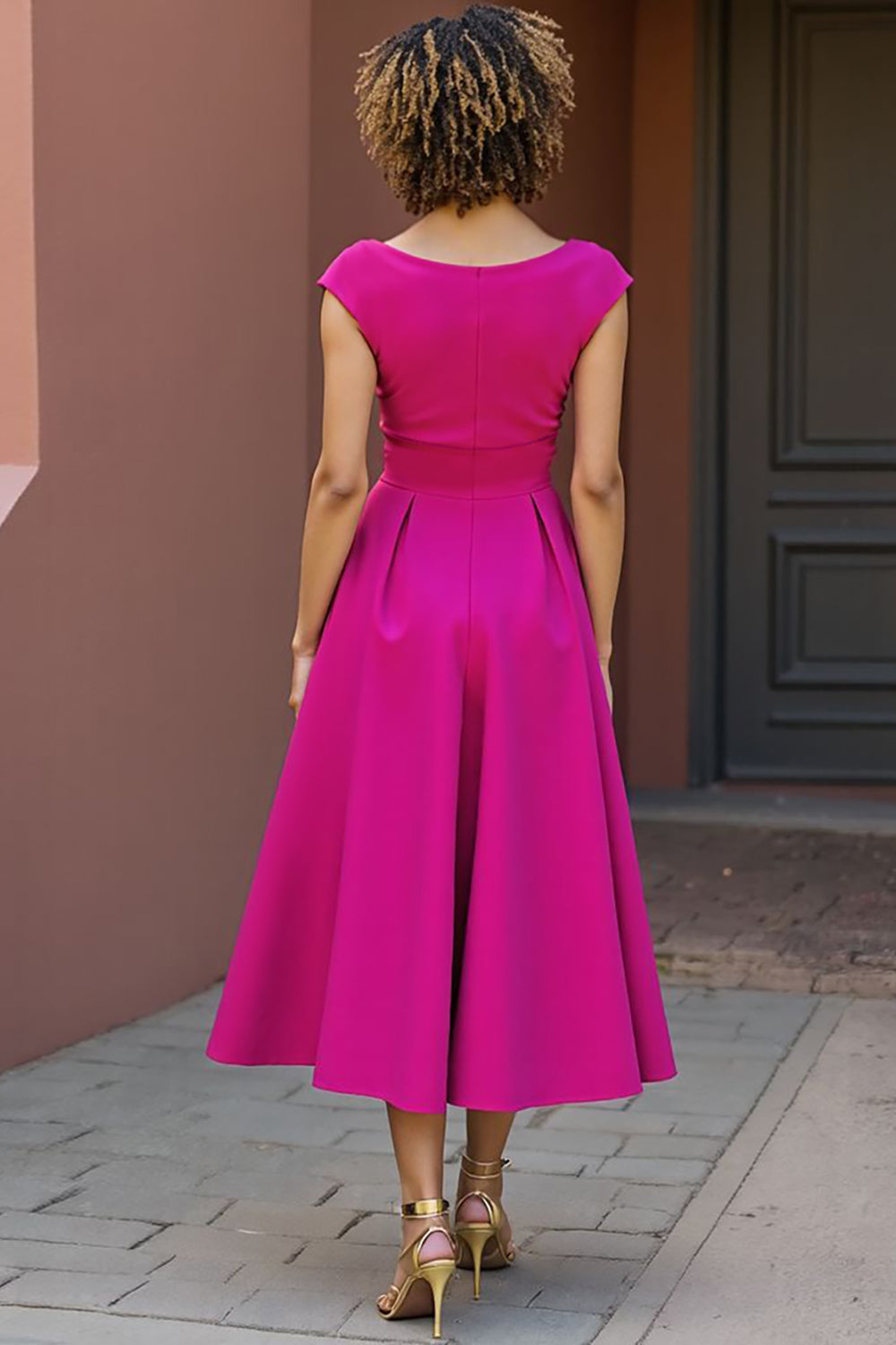 Fuchsia V Neck A Line Midi Mother Of The Bride Dress