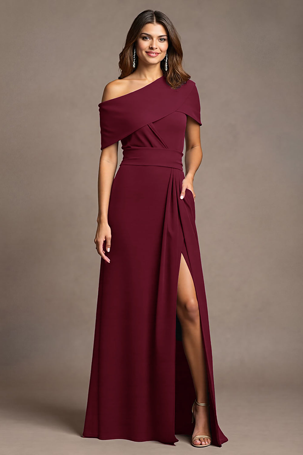 Burgundy A Line Long Mother Of The Bride Dress With Slit