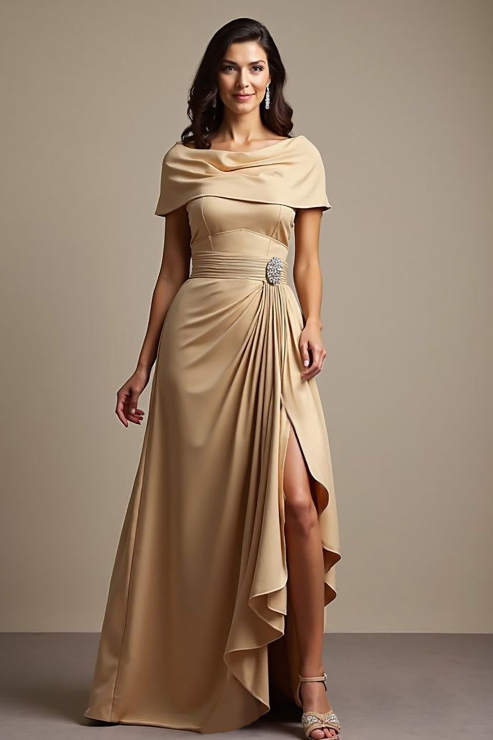 Champagne Off The Shoulder Ruched A Line Mother Of The Bride Dress