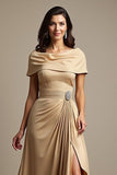 Champagne Off The Shoulder Ruched A Line Mother Of The Bride Dress