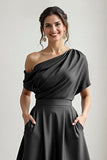 Black Satin A Line Mother Of The Bride Dress With Pockets