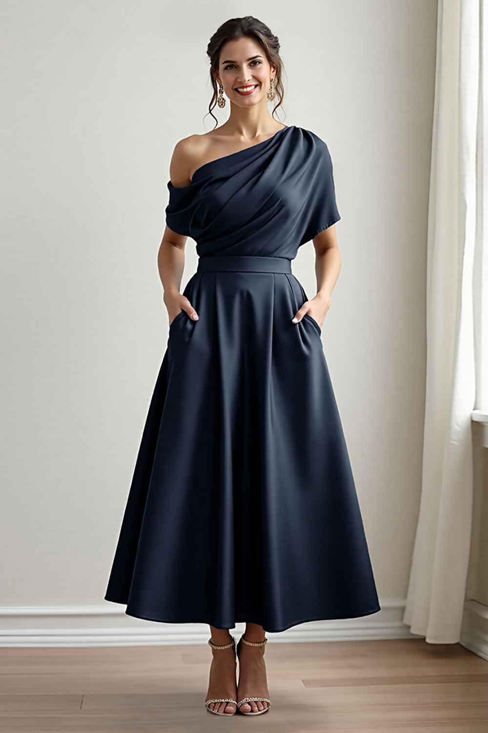 Black Satin A Line Mother Of The Bride Dress With Pockets