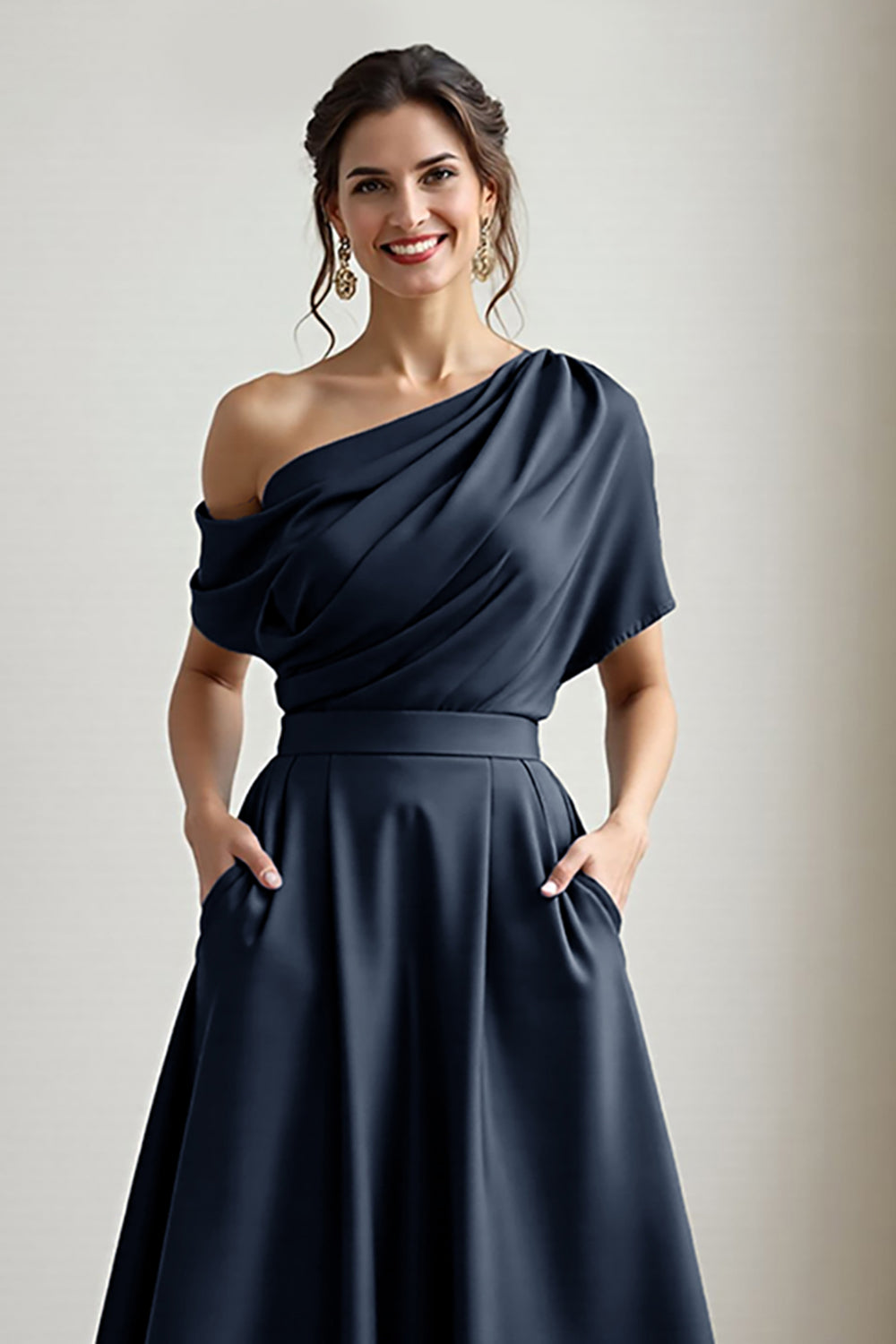 Black Satin A Line Mother Of The Bride Dress With Pockets