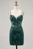 Dark Green Bodycon Backless Sheer Corset Homecoming Dress with Sequins