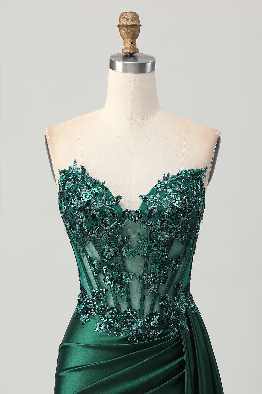 Sparkly Dark Green Strapless Corset Sequins Bodycon Homecoming Dress with Streamer