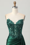 Sparkly Dark Green Strapless Corset Sequins Bodycon Homecoming Dress with Streamer