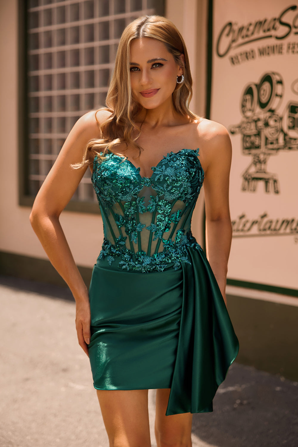 Sparkly Dark Green Strapless Corset Sequins Bodycon Homecoming Dress with Streamer