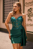 Sparkly Strapless Dark Green Side-Drape Corset Sequins Bodycon Homecoming Dress