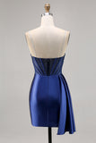 Navy Satin Beaded Corset Homecoming Dress with Sash