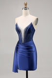 Navy Satin Beaded Corset Homecoming Dress with Sash