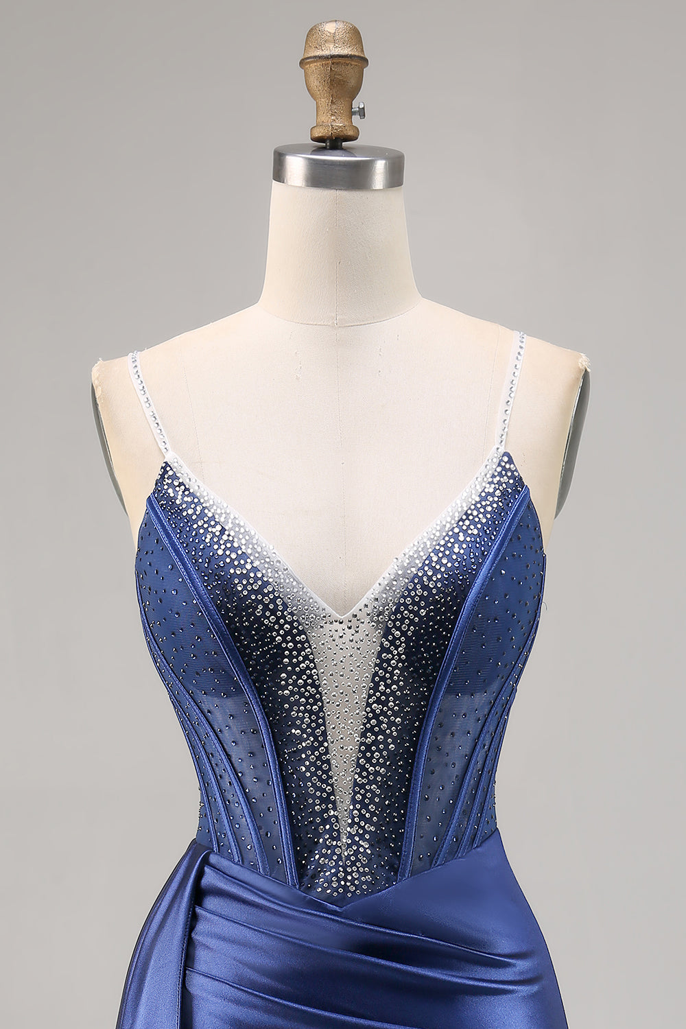 Navy Satin Beaded Corset Homecoming Dress with Sash