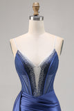 Navy Satin Beaded Corset Homecoming Dress with Sash