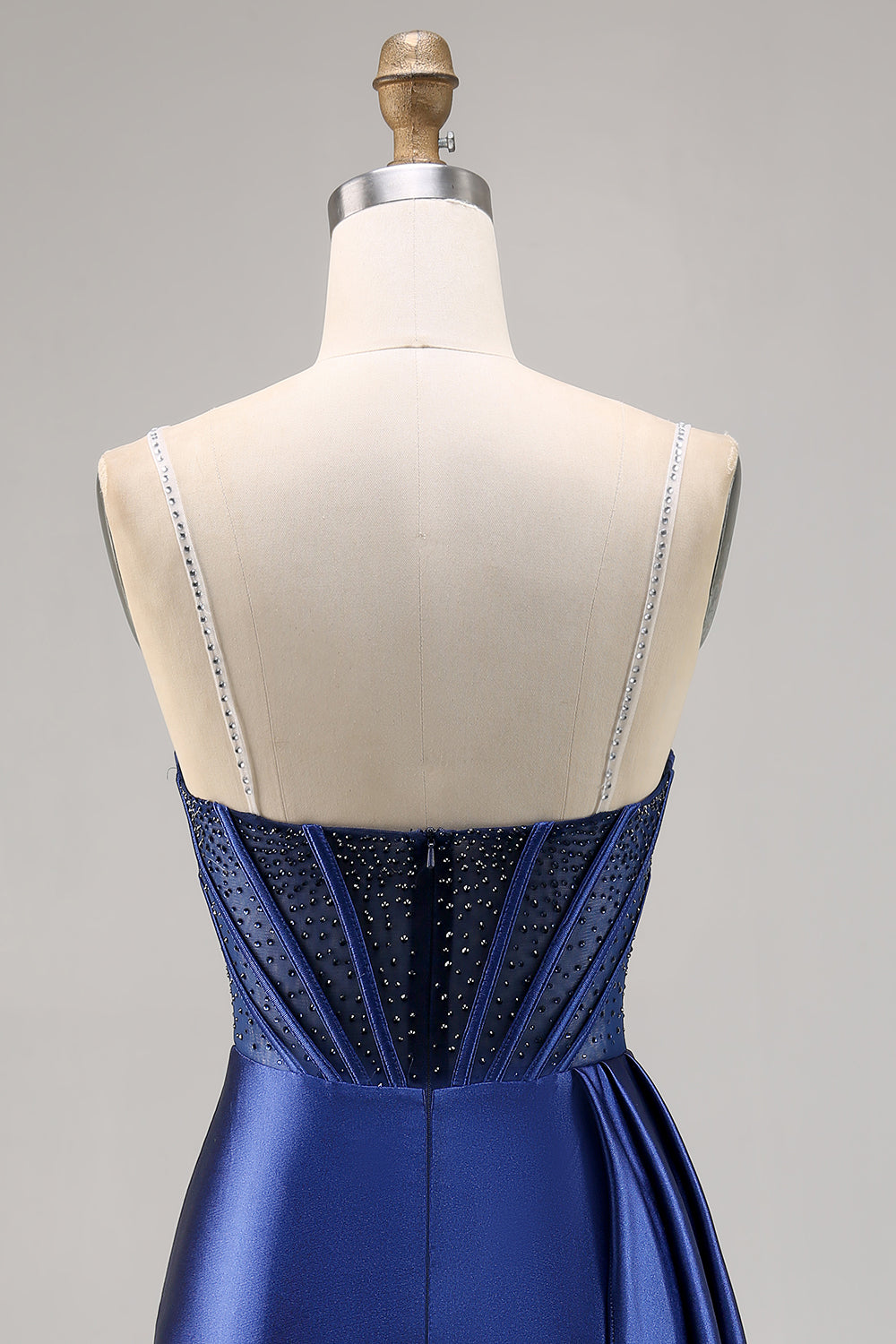 Navy Satin Beaded Corset Homecoming Dress with Sash