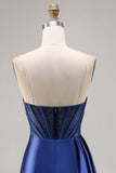 Navy Satin Beaded Corset Homecoming Dress with Sash