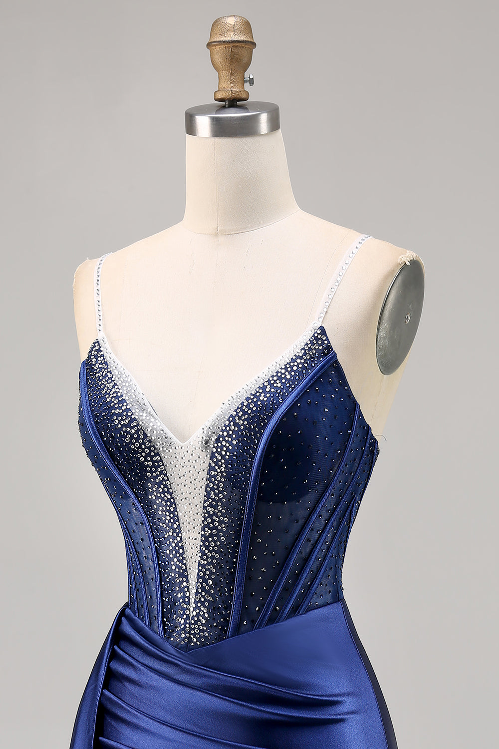 Navy Satin Beaded Corset Homecoming Dress with Sash