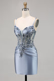 Grey Blue Beaded Corset Homecoming Dress with Appliques