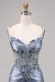 Grey Blue Beaded Corset Homecoming Dress with Appliques