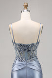 Grey Blue Beaded Corset Homecoming Dress with Appliques