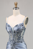 Grey Blue Beaded Corset Homecoming Dress with Appliques