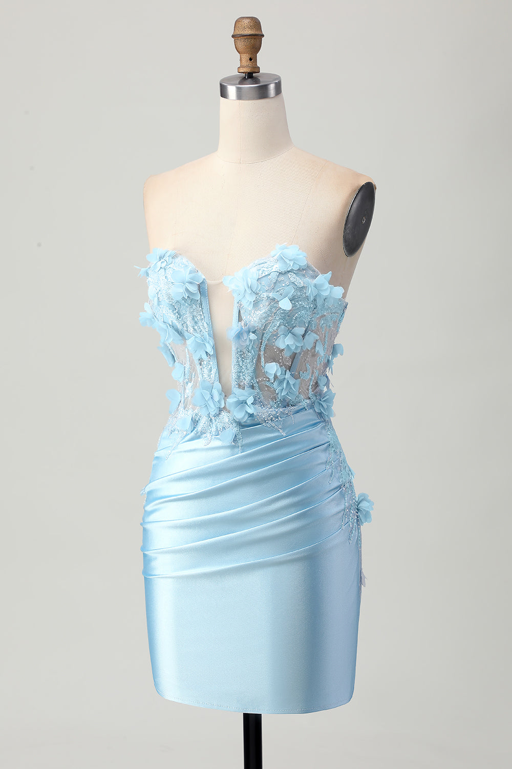 Sky Blue Satin Bodycon Strapless Sequins Short Homecoming Dress with Appliques