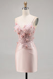 Pink Satin Corset Bodycon Homecoming Dress with Appliques