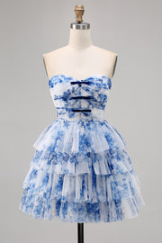 A Line Strapless Tiered Corset White Blue Flower Homecoming Dress with Lace Up Back