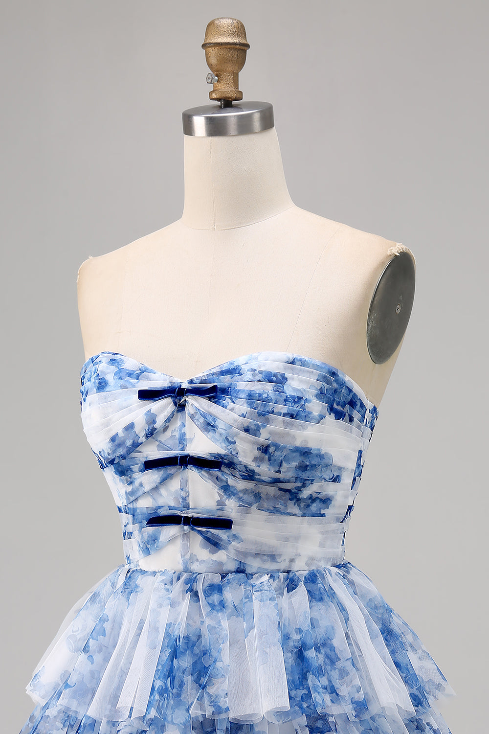 A Line Strapless Tiered Corset White Blue Flower Homecoming Dress with Lace Up Back