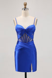 Royal Blue Sheer Corset Pleated Tight Homecoming Dress with Slit