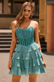Peacock Green A-Line Corset Tiered Strapless Homecoming Dress