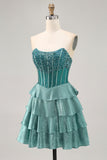 Peacock Green A-Line Corset Strapless Tiered Homecoming Dress with Rhinestones