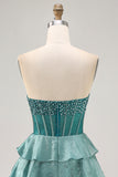 Peacock Green A-Line Corset Strapless Tiered Homecoming Dress with Rhinestones