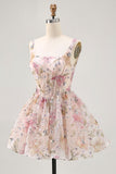 Sparkly Floral A-line Square Neck Sequins Short Homecoming Dress with Lace Up Back