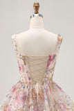 Sparkly Floral A-line Square Neck Sequins Short Homecoming Dress with Lace Up Back