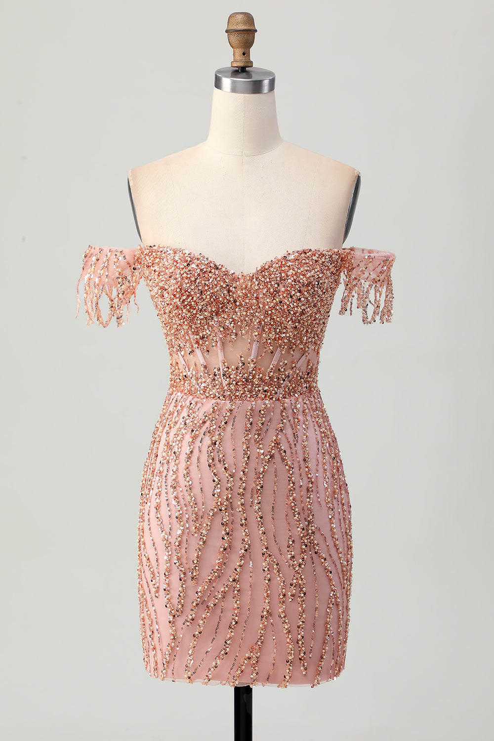Dusty Rose Bodycon Off The Shoulder Corset Short Homecoming Dress with Beading