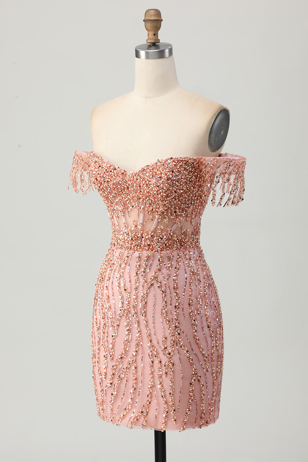 Dusty Rose Bodycon Off The Shoulder Corset Short Homecoming Dress with Beading