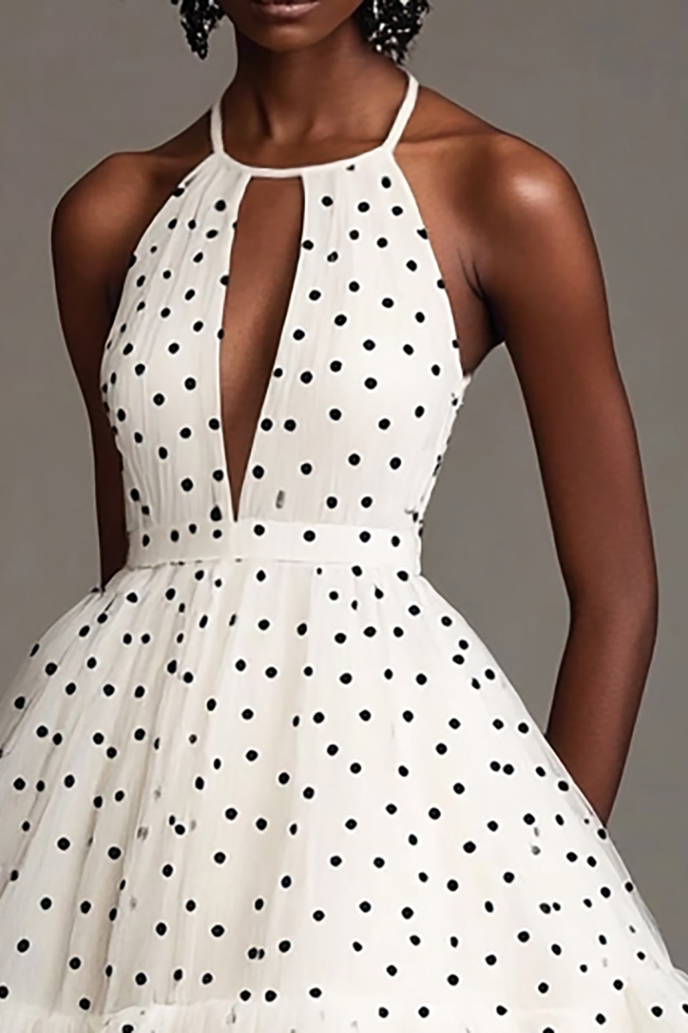 White A Line Halter Cut Out Black Polka Dot Dress