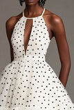 White A Line Halter Cut Out Black Polka Dot Dress