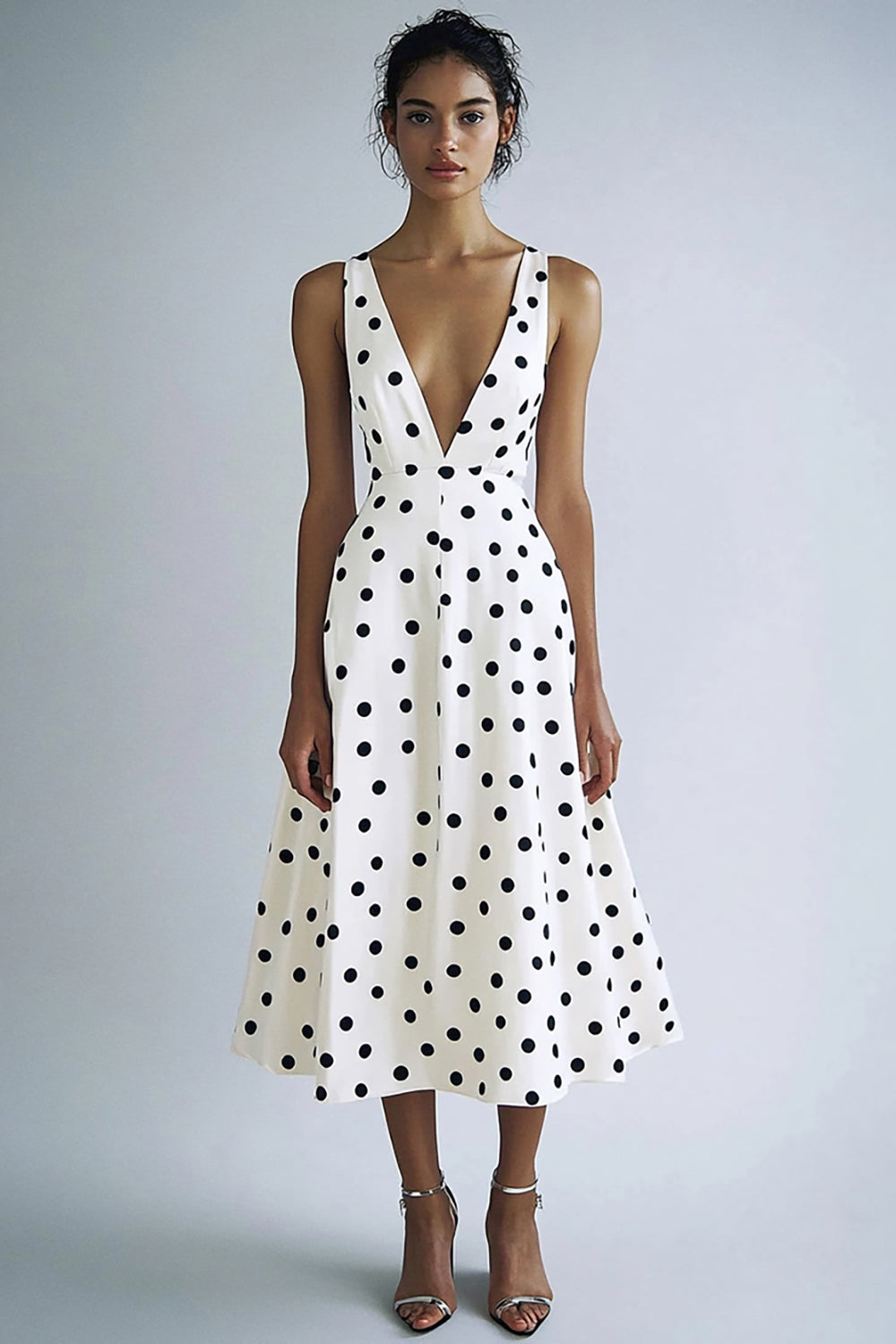 White A Line V-Neck Black Polka Dots Dress