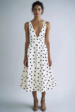 White A Line V-Neck Black Polka Dots Dress