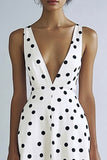 White A Line V-Neck Black Polka Dots Dress
