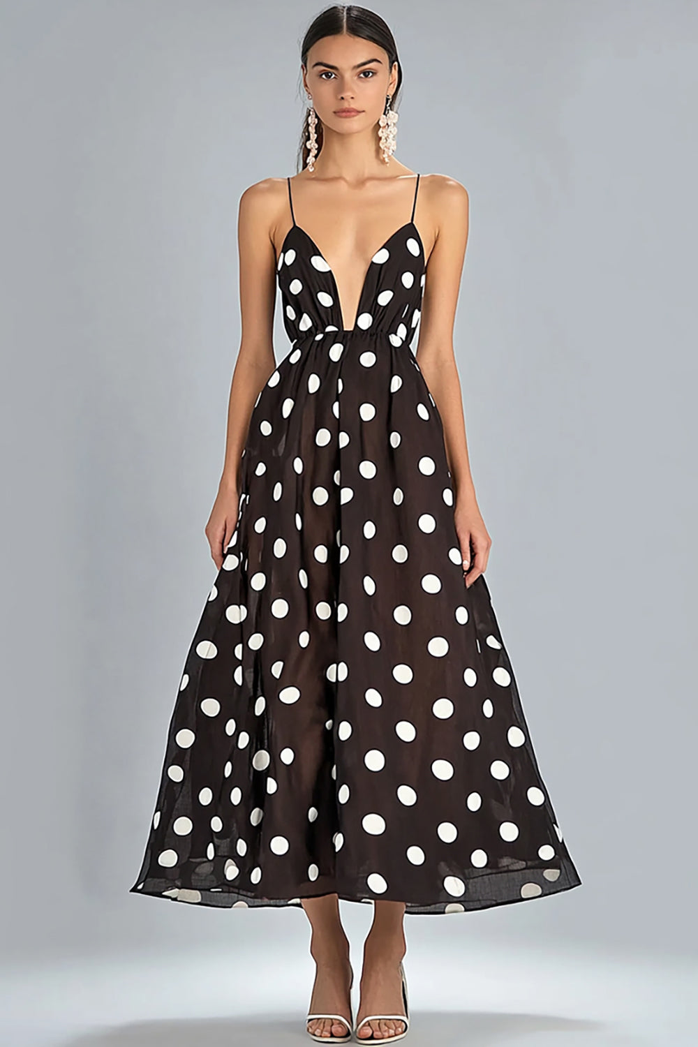 Coffee A-Line Spaghetti Straps White Polka Dots Dress