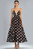 Coffee A-Line Spaghetti Straps White Polka Dots Dress