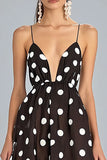 Coffee A-Line Spaghetti Straps White Polka Dots Dress