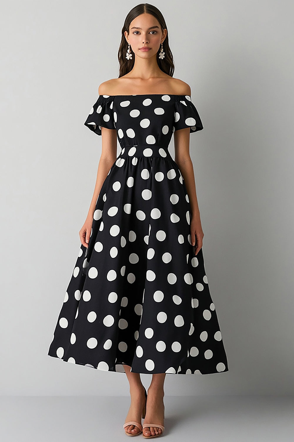 Off The Shoulder Black White A Line Polka Dots Dress